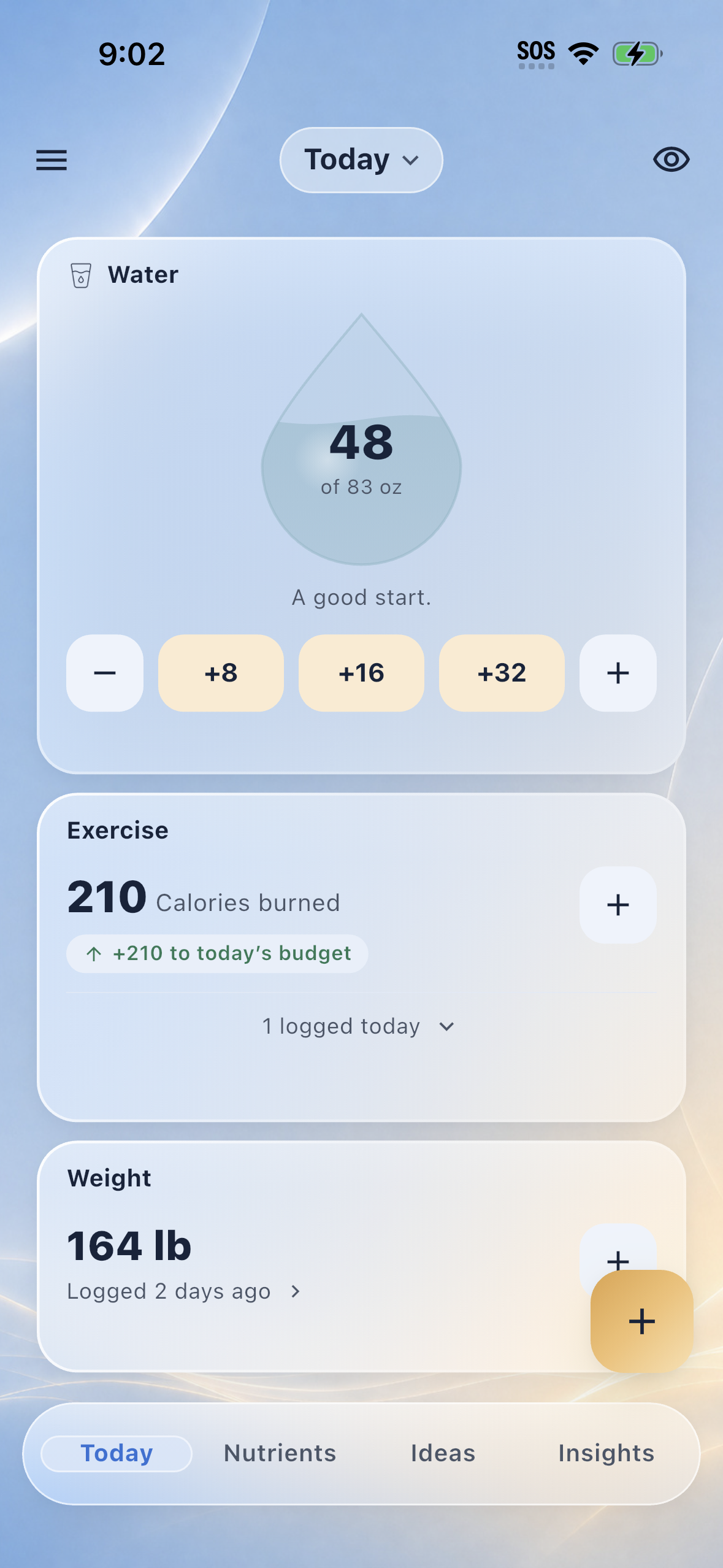 Water, exercise, and weight tracking in Quiet Calories
