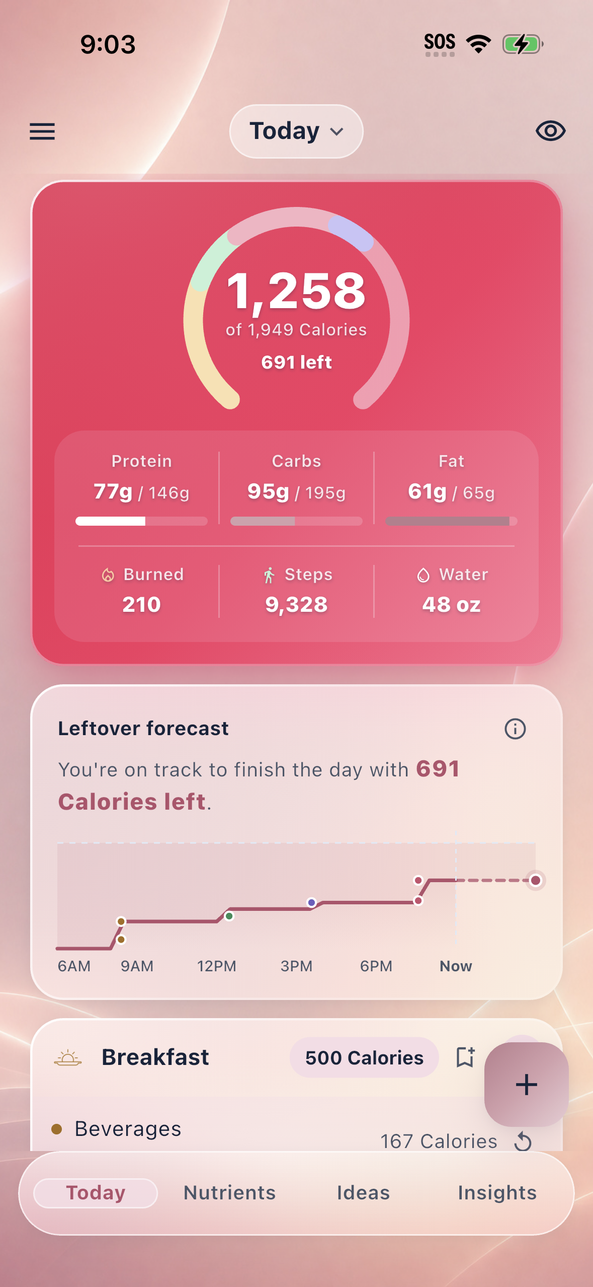 A warm themed Quiet Calories Today screen